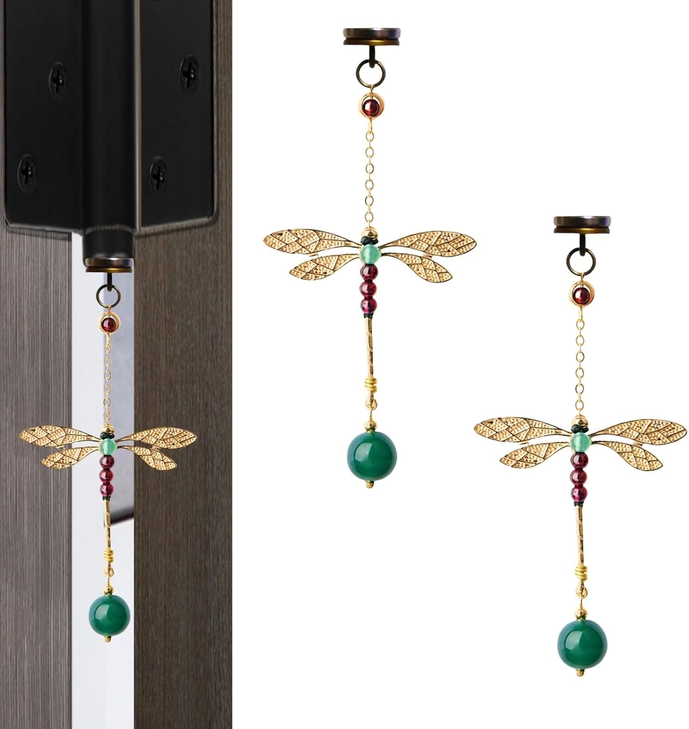14k Golden Dragonfly Hinge Heads Decorative Topper Set of 2,Vintage Pomegranate Garnet and Green Agate Door Hinge Hanging Chain Decoration