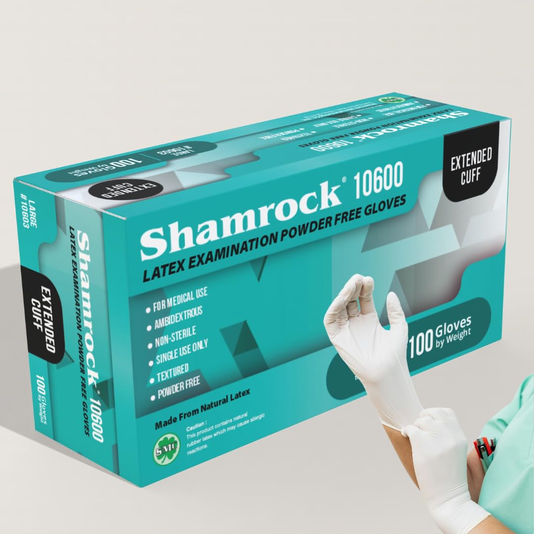Shamrock 10602 Latex Examination Gloves - 7 mil, Powder-Free, Textured, Medical Use, Extended Cuff (Medium)