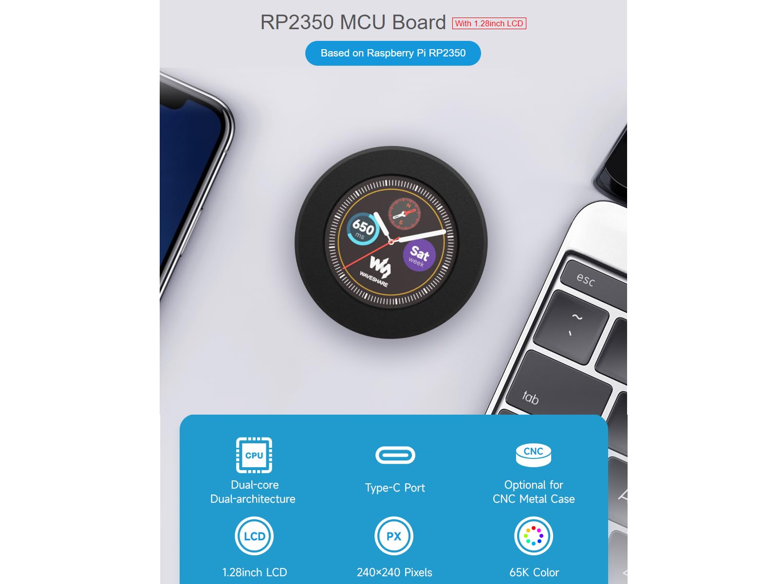 RP2350 MCU Board with 1.28 inch Round LCD Display Module 240 x 240 Resolution 65K Colours IPS Screen Based on Raspberry Pi RP2350, 6-Axis Sensor,USB Type-C Connector