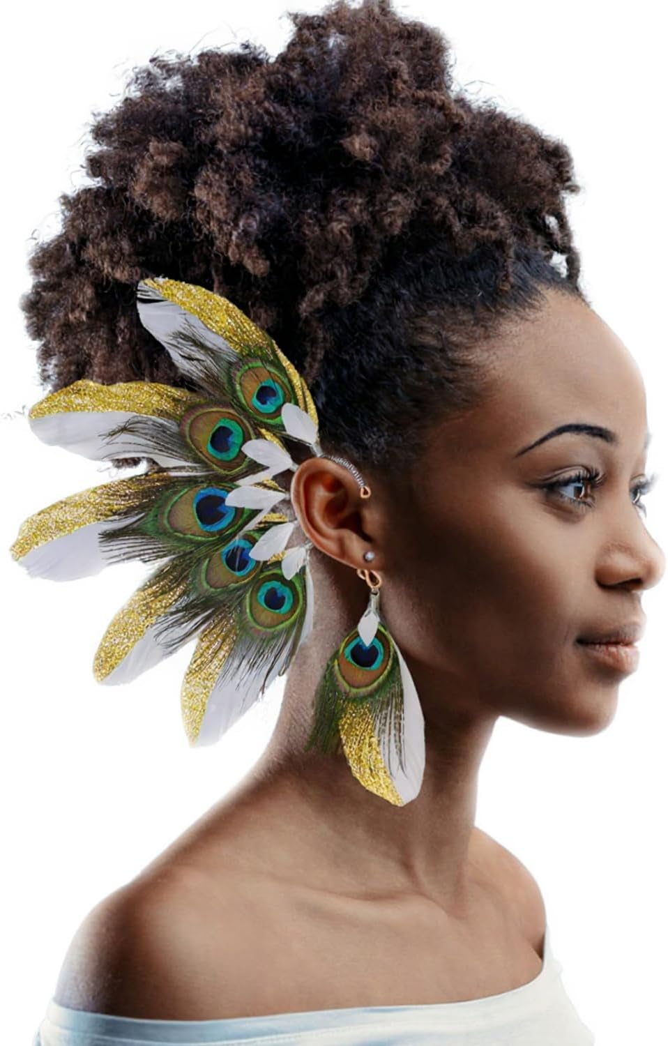 Handmade Bohemian Personalized Peacock feather headdress Ear Cuff,Feather Earrings,Ear Wrap,American Indian style feather ear cuff(a pair)