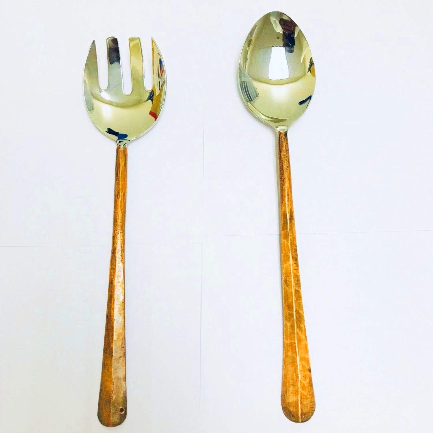 Unknown1 Copper Antique Ridge Design Salad Serving 2 Pcs. Set Bronze Stainless Steel Piece Handmade