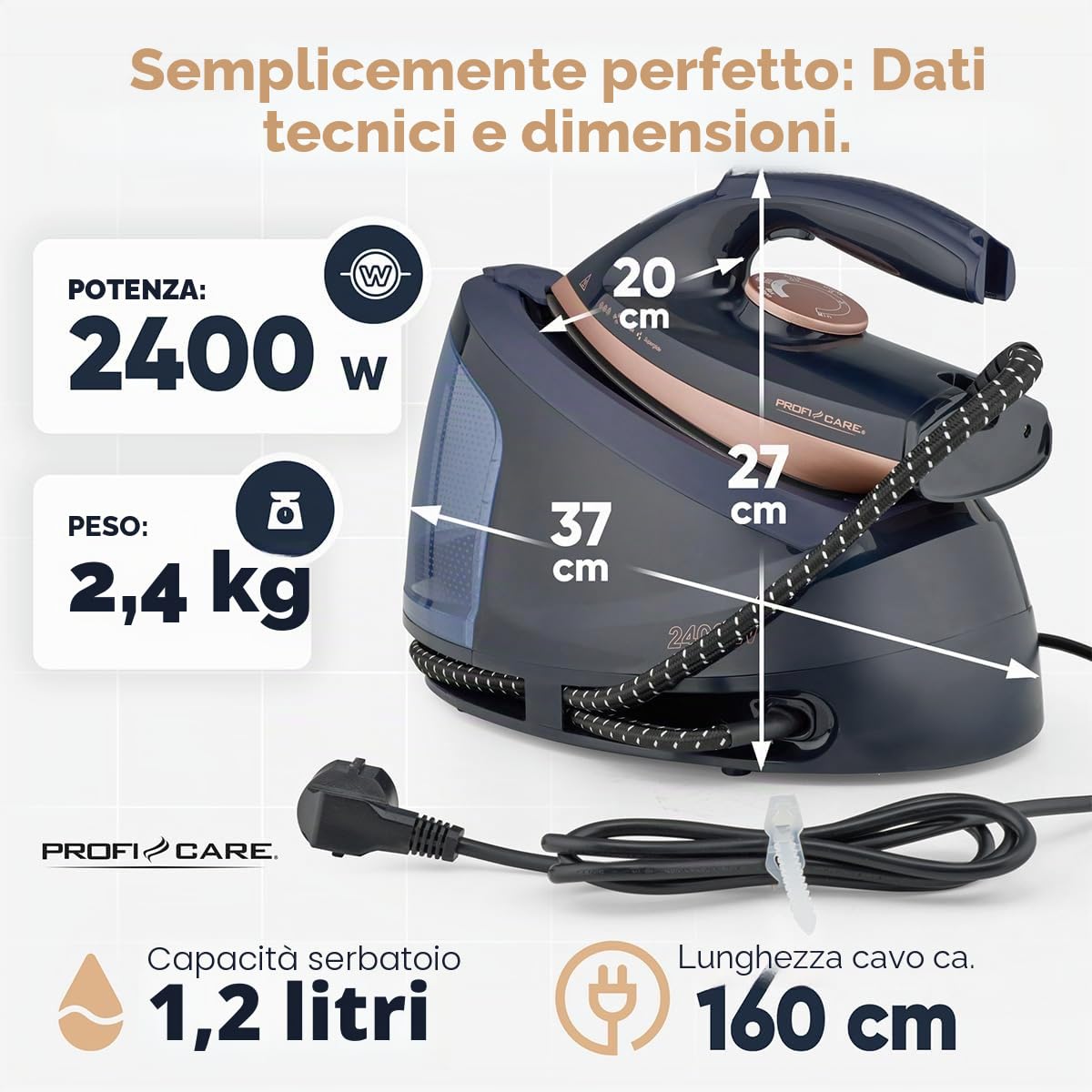 Stazione di stiratura a vapore ProfiCare® | Piastra in ceramica Superglide | Stazione di stiratura da 2400 W | Potente erogazione di vapore 150 g/min | Pressione 4 bar | PC DBS 3127
