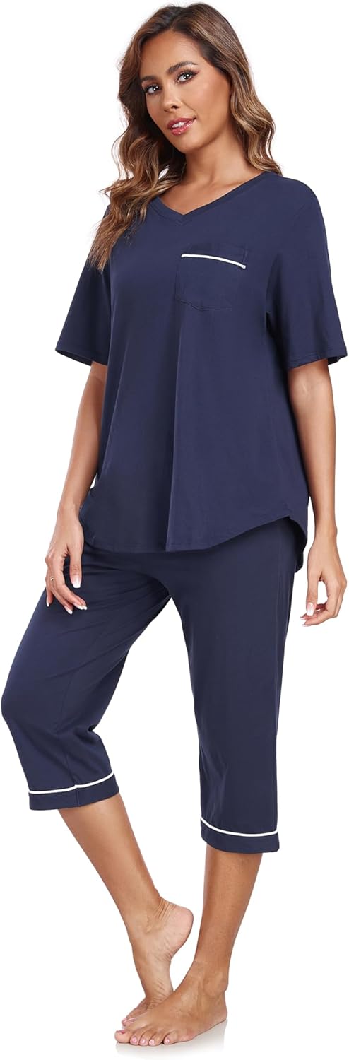 COLORFULLEAF Womens Pajama Sets 100% Cotton Summer Pj Set Capri Pants Sleepwear 2 Piece Lounge Set with Pockets - Image 6