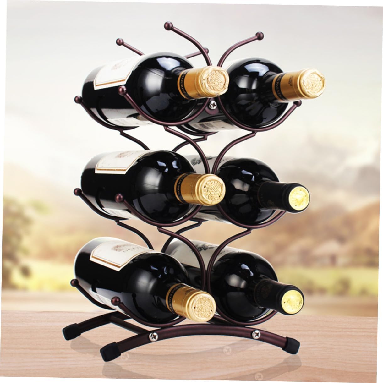 Vintage Metal Wine Rack Detachable 6-Bottle Holder Antique Copper Finish Hollow Iron Wine Stand for Home Dining Room and Display