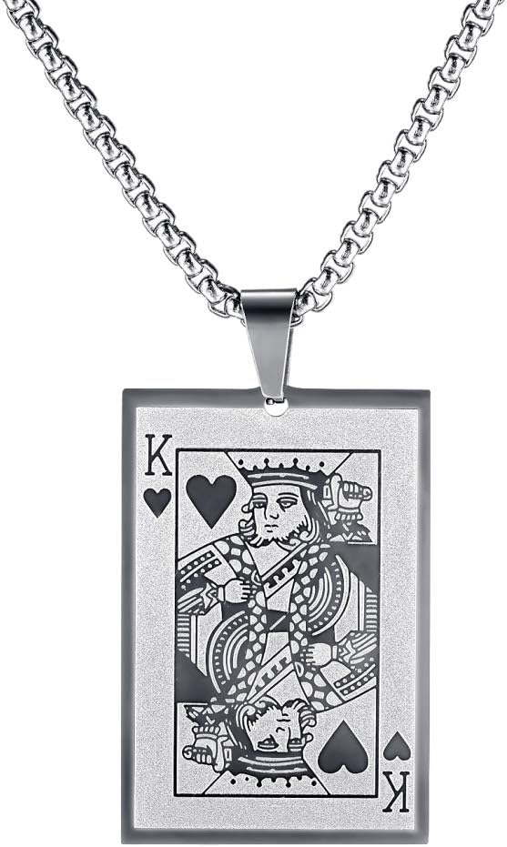 Stainless Steel Hearts Card Poker Pendant Mens Womens Necklace 24 inch Chain