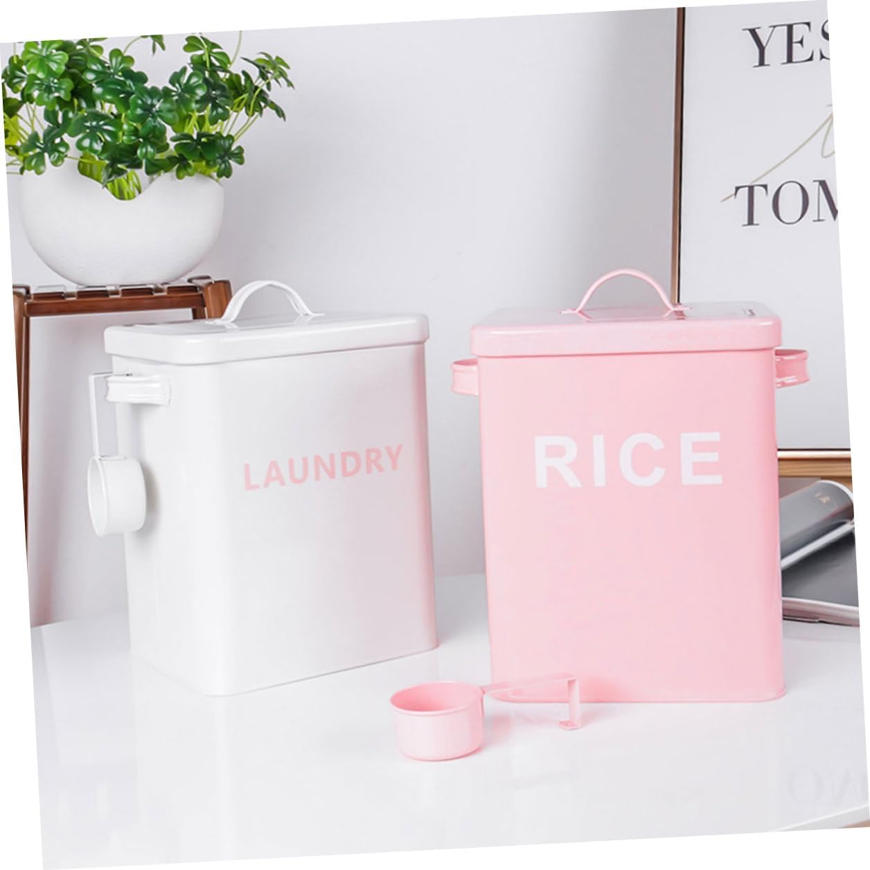 Pink Iron Pet Food Storage Barrel with Lid and Measuring Cup, Sealed Dog and Cat Food Bucket, Kitchen Rice Box for Household Use