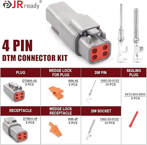 Miniatura 2 de JRready ST6329-401 Deutsch DTM Conector 4 Pin 8 Sets Impermeable Deutsch DTM Conector con 20 # Contactos Estampados 16-22 AWG Terminales Pines