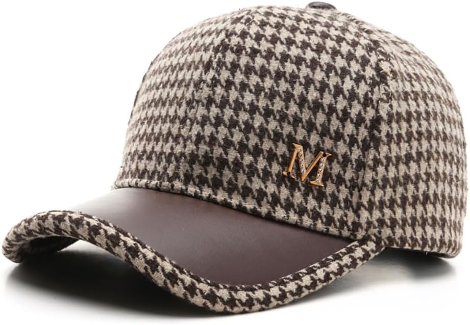Houndstooth Hat Metal M Set with Diamonds Velvet Surface Warm Baseball Cap