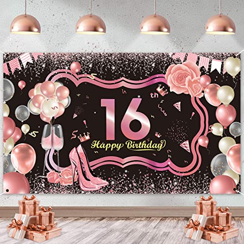 Deko 16. Geburtstag Mädchen,Banner 16 Geburtstag, 16. Geburtstagsfeier Rose Gold Dekorationen Banner Hintergrund,Rose Gold Dekoration für Mädchen der 16.Geburtstagsfeier Cover