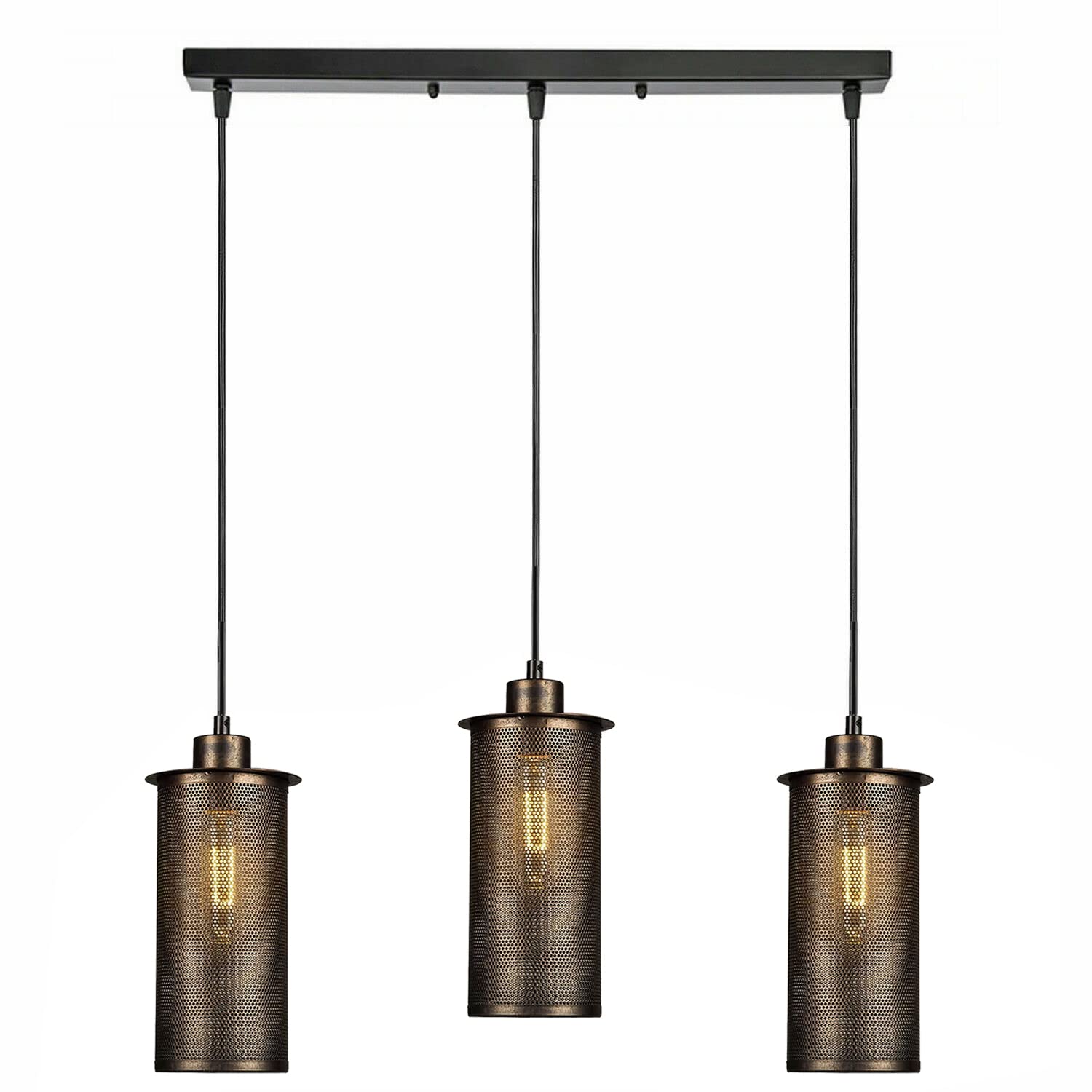 LEDSone Vintage Retro 3 Way Ceiling Pendant Light Cluster Light Fitting Brushed Copper Barrel Cage Lampshades, UK E27 Holder Lighting Kit (Three Head)