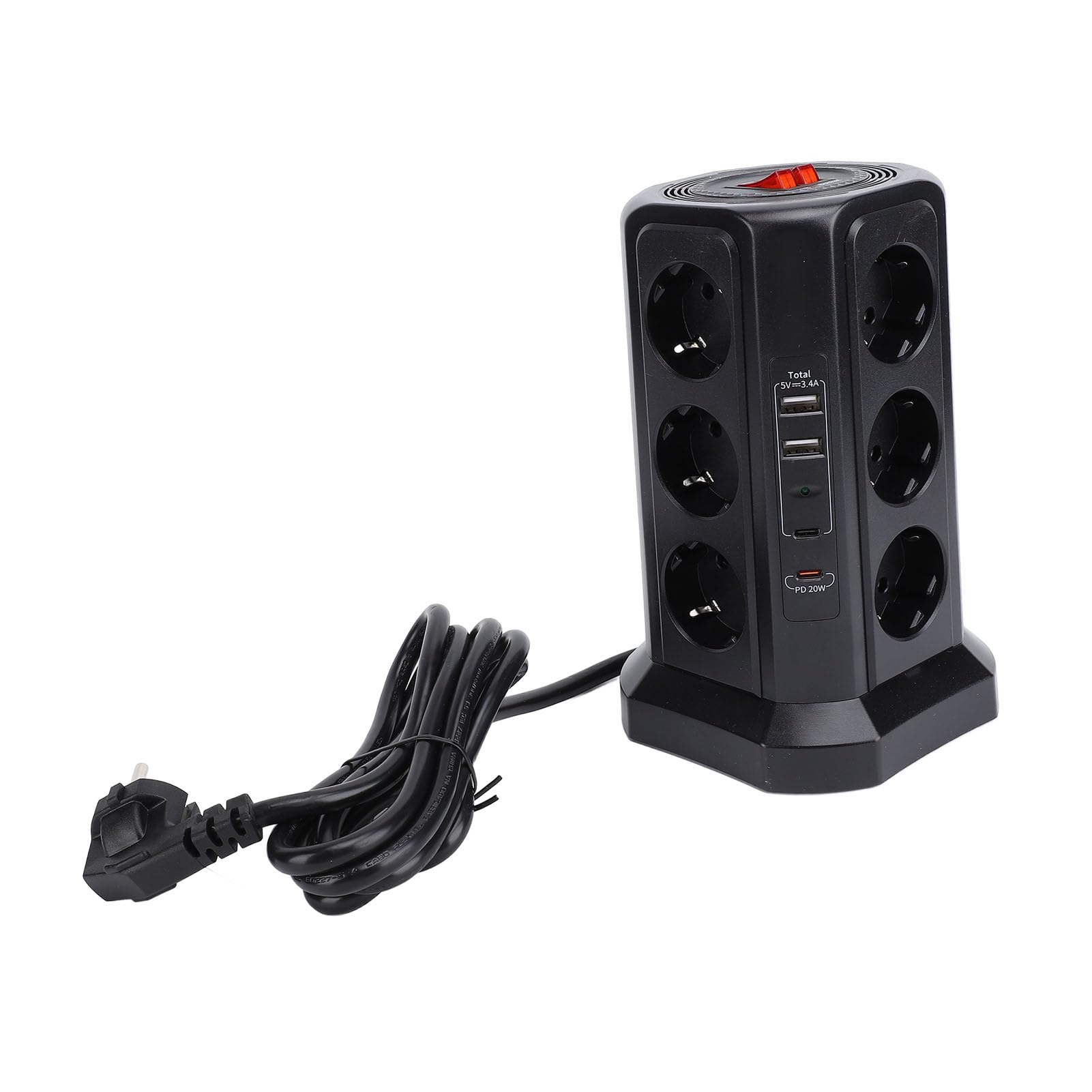 Listwa Zasilająca Wieżowa Czarna Pionowa Listwa Zasilająca z ABS Pionowa Elektryczna 12,3 X 20 Cm z Przełącznikiem Ochronnym Oszczędność Miejsca Wiele Portów do Użytku w Akademiku na Biurku