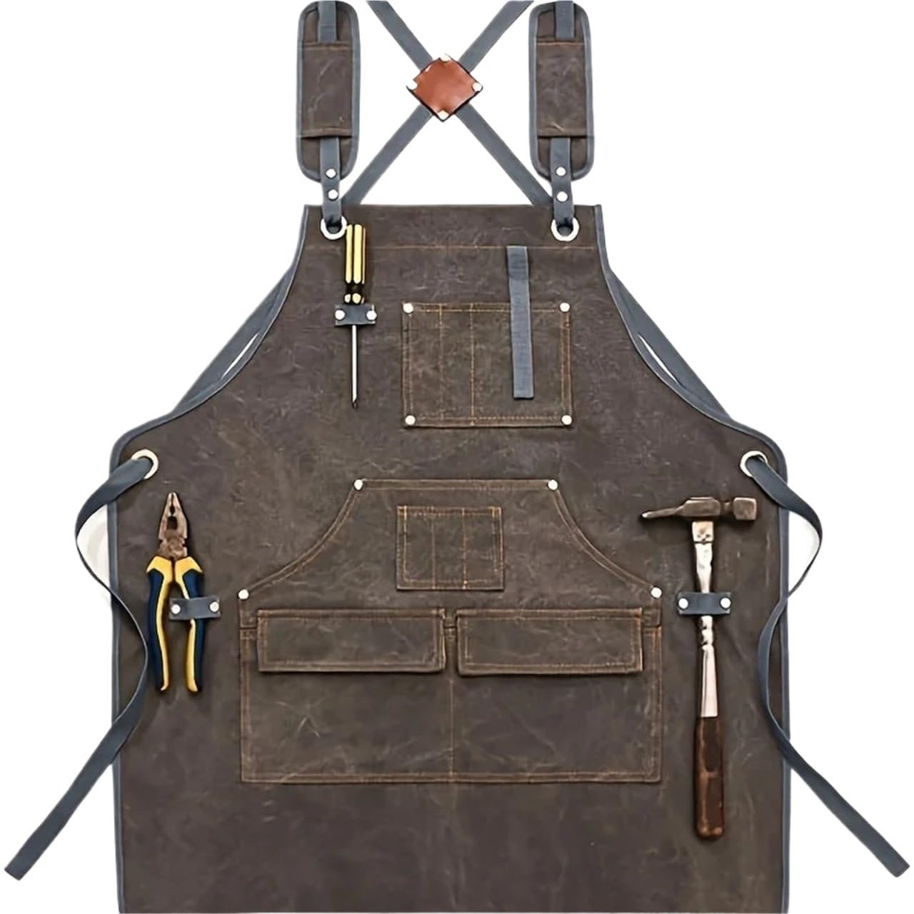 Tablier de travail en toile de coton avec poches, sangle en cuir réglable pour le travail du bois, le jardinage et l'atelier