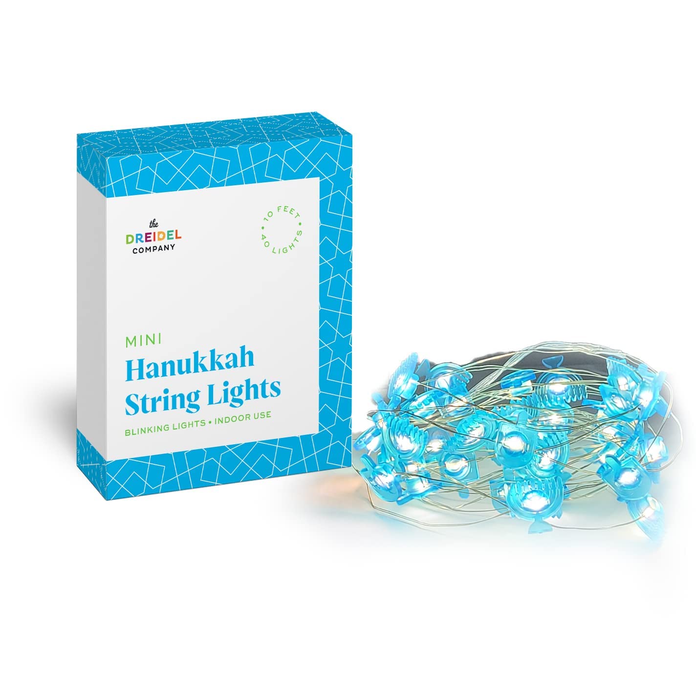 The Dreidel Company Hanukkah LED String of Lights Menorah and Dreidel Designs 10 Feet with 40 Lights