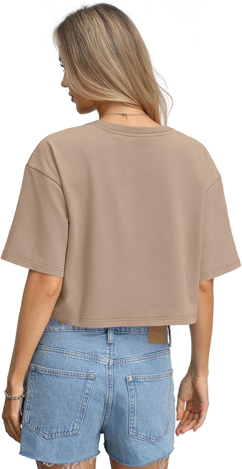 Womens Cotton Boxy Crop Tops Drop Shoulder Loose Fit T-Shirts Short Sleeve Crewneck Tees Summer Casual Clothes - Image 5