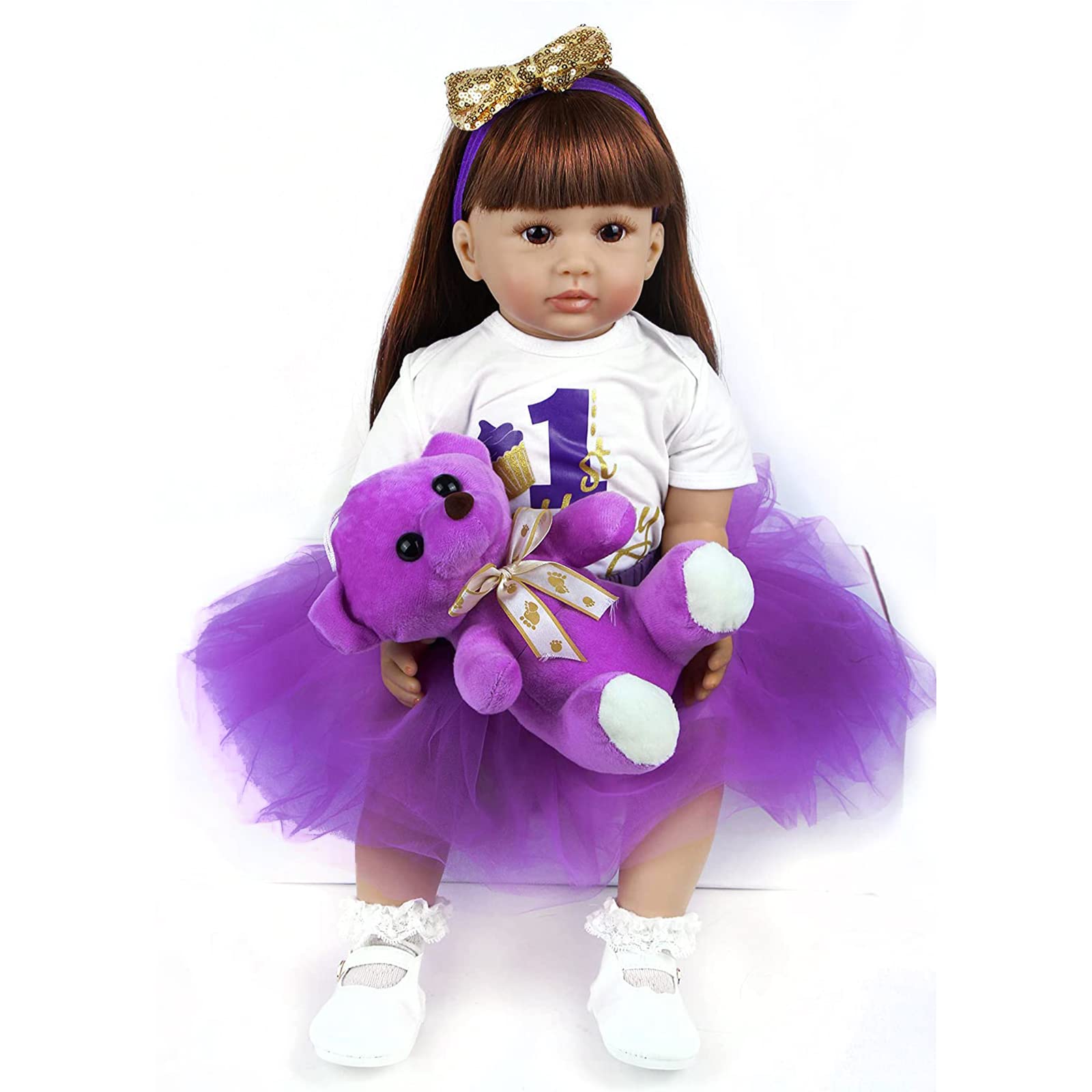 ZIYIUI Bambole Reborn Bambino Femmine 24 pollici Reborn Baby Dolls Soft Vinyl Simulazione in silicone 60cm Reborn Babies Realistici Girl Boy Toys Giocattoli regalo di Natale Indossa un vestito viola