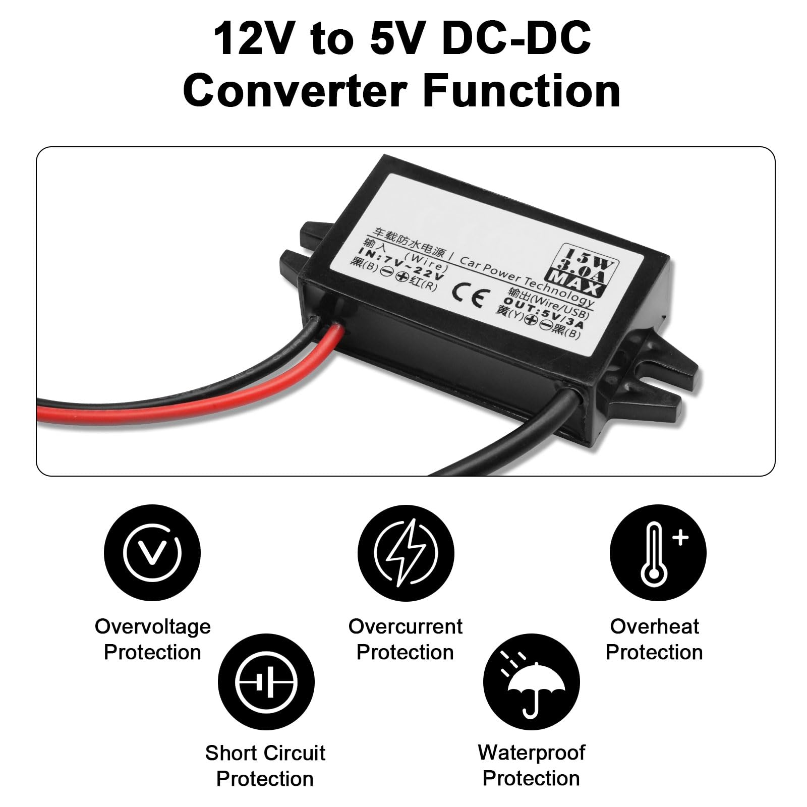 Binghe DC-DC Spannungswandler 12V Auf 5V – 3 A, 7–22 V Eingang, USB-C Ausgang, Hocheffizient 96 % – Für Auto, LKW, Boot & DIY