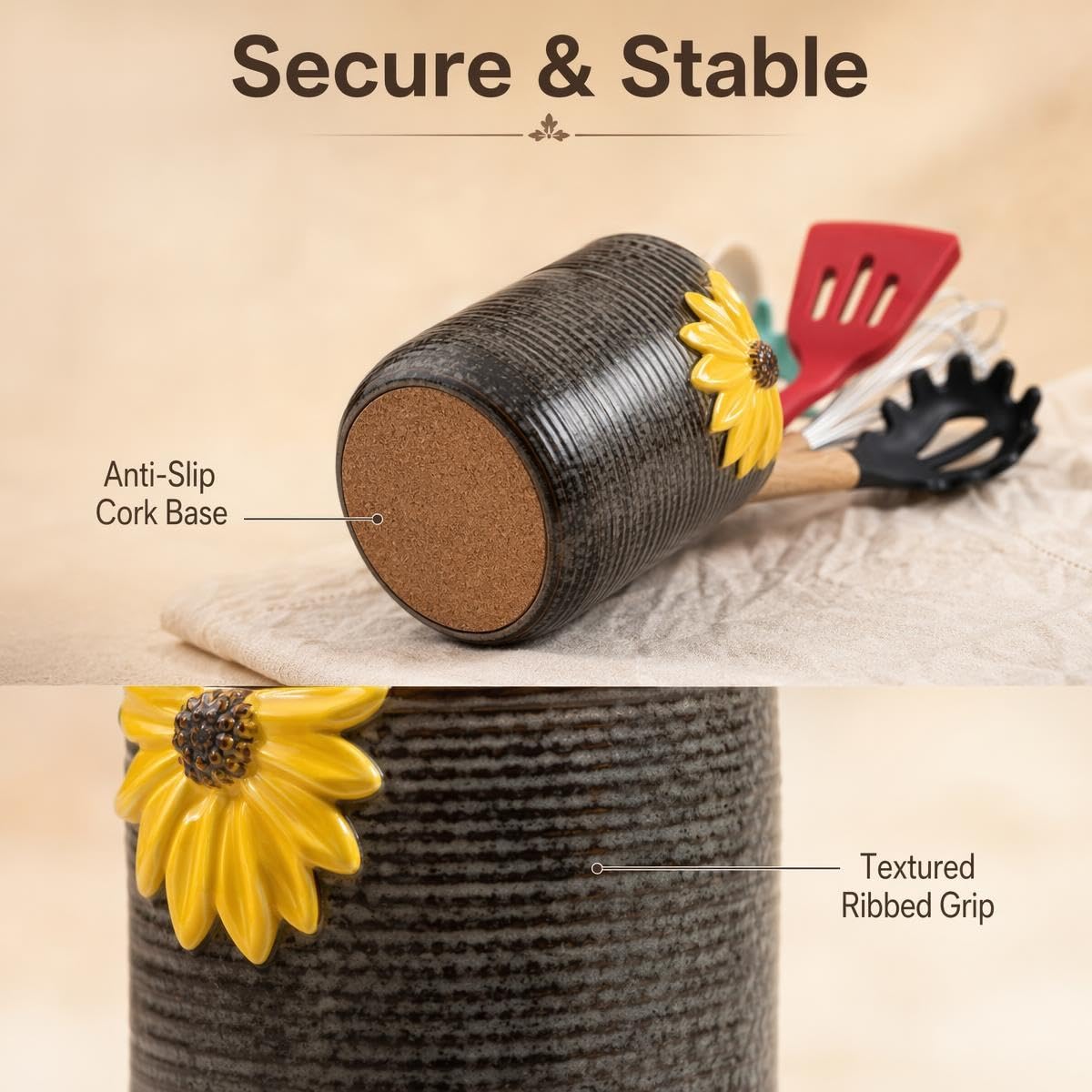 Sunflower Ceramic Utensil Crock - Kitchen Holder & Vase -5