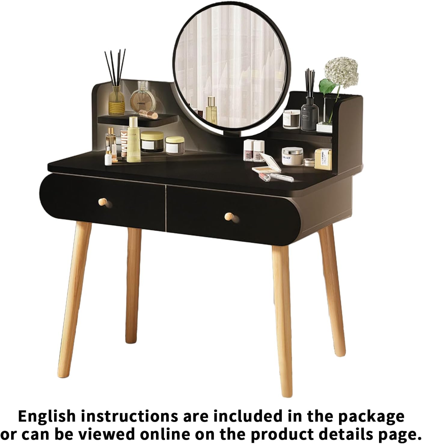 Makeup Vanity Table Set with Mirror, Medium Density Fiberboard Modern Makeup Vanity Dressing Desk with 2 Drawers and 2 Shelves, 31.5"(L)*15.7"(W)*47.2"(H), Black (Without Stool)