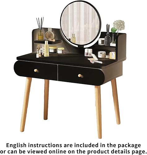 Miniatura 6 de Juego de mesa de tocador de maquillaje con espejo, tablero de fibra de densidad media, moderno escritorio de maquillaje con 2 cajones y 2 estantes,