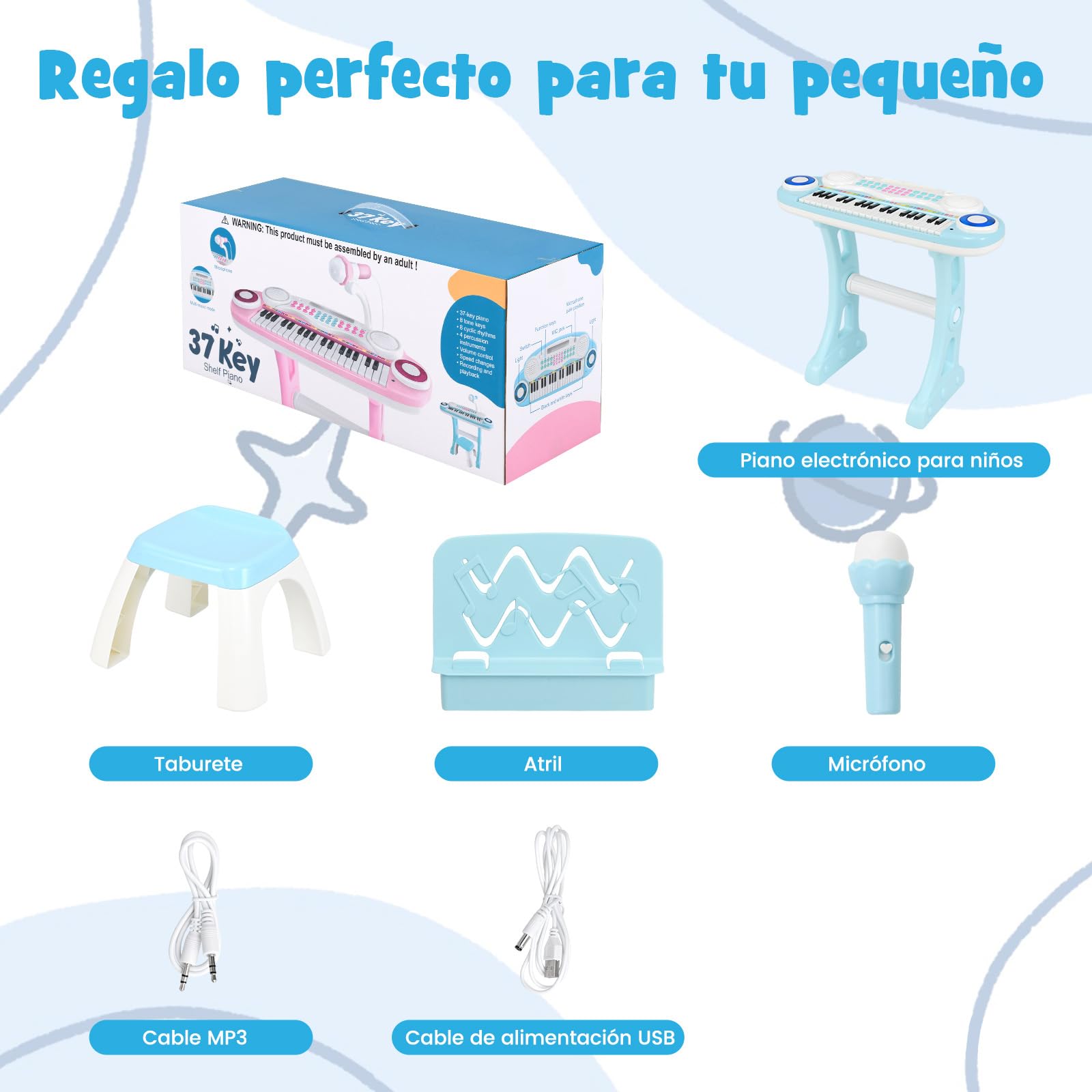 COSTWAY Piano Electrónico para Niños, Piano Infantil de 37 Teclas, Teclado de Piano con Patas Desmontables, Banquito, Micrófono Ajustable, 8 Ritmos y 8 Instrumentos (Azul)