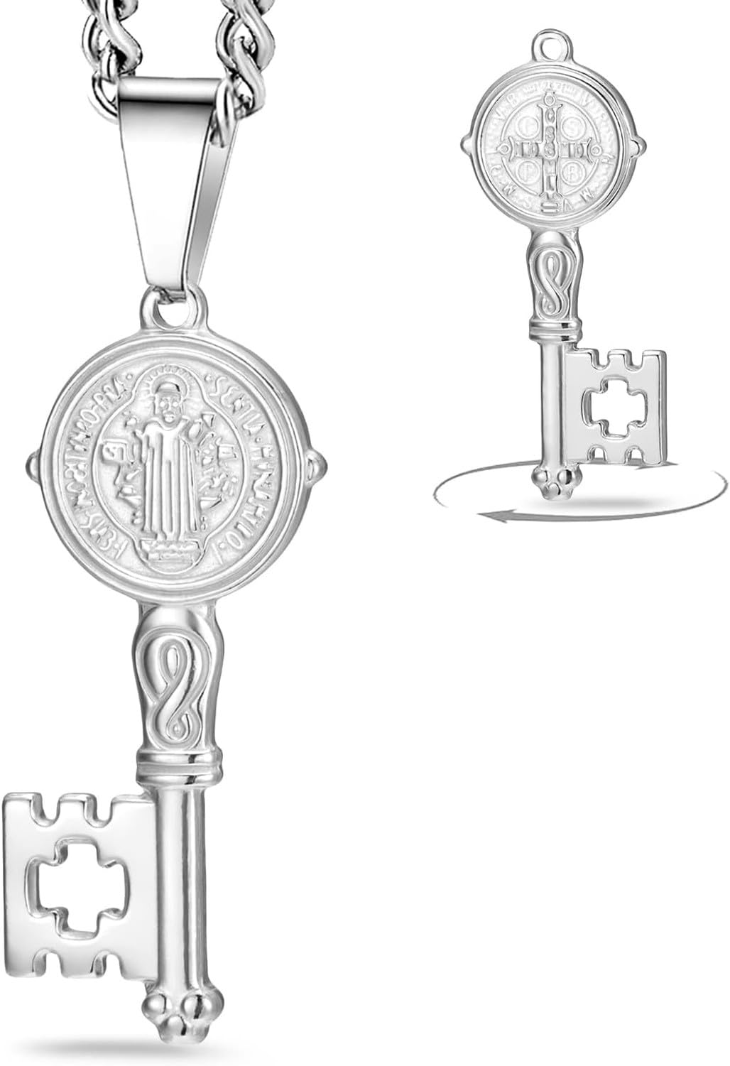Wuufake Christian Protection Stainless Steel St Benedict Medal Crucifix Pendant Demon Exorcism Amulet Necklace Jewelry For Men Women Catholic, Silver 1