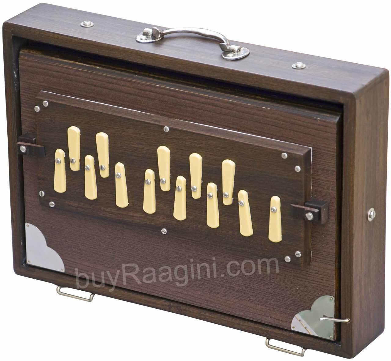 Shruti Box Instrument, Maharaja Musicals, klein, 33 x 9,5 x 7,6 cm, blemished, mit Tasche, Walnussfarbe, 13 Noten, Sur Peti Surpeti, indisches Musikinstrument (PDI-FAH)