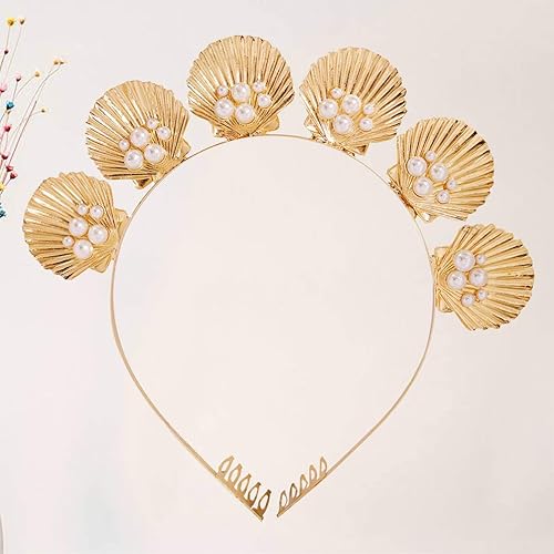 Miniatura 4 de Diadema de concha dorada, corona de concha de mar, diosa, decoración de perlas, diadema para boda, fiesta, foto, Perla