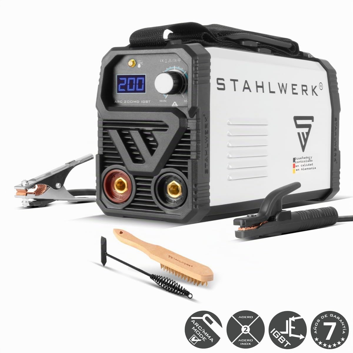STAHLWERK Soldadora de electrodos 160 MD – Equipo completo – Máquina de soldar MMA/Electrodo, 160 A, uso flexible sin gas, compacta y ligera, ampliable a DC TIG, Anti-Stick, refrigeración inteligente