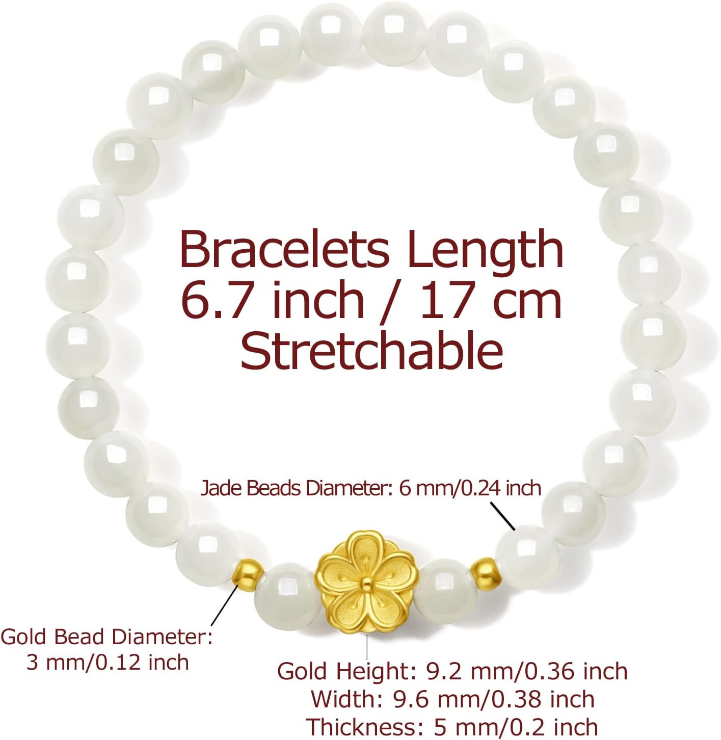 24K Solid Gold Bracelets Real Pure Gold Flower Stretch Bracelet White Jade Ross Quartz Prehnite Bead Bracelet Floral Dainty Jewelry for Women Her Anniversary Birthday