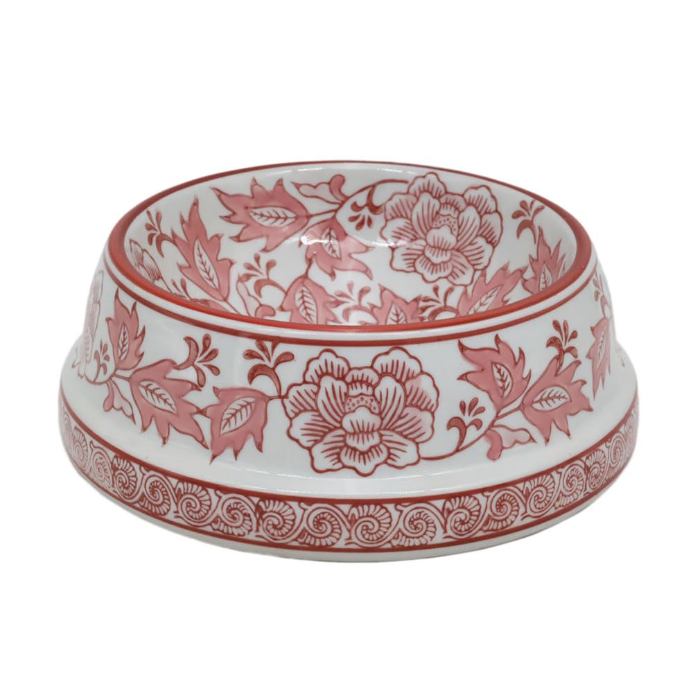 Aimusego Pink & White Ceramic Dog Bowl,Gifts for Pet Owners,Chinoiserie Floral Heavy Duty Non-Slip Dog Food Water Bowls, Ceramic Dish for Medium and Small Dogs and Cats, Puppy 9inch