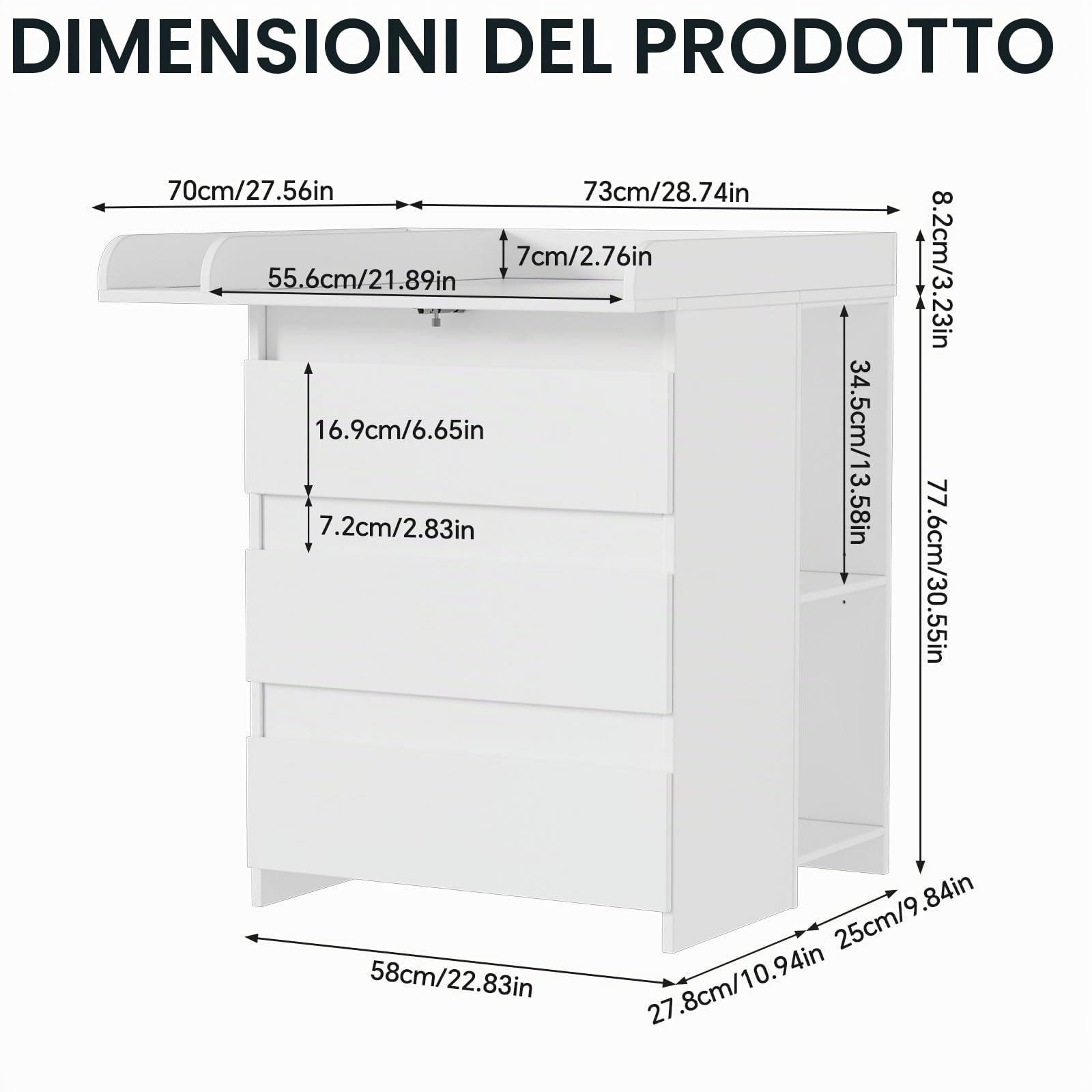 2 in 1 Fasciatoio Cassettiera Neonati con 3 Grandi Cassetti e Ripiani Aperti Laterali, Mobile Fasciatoio in Legno per Cameretta, Comò Bambini con Bordi di Sicurezza, Bianco,73x70x78 cm/113x32x70 cm