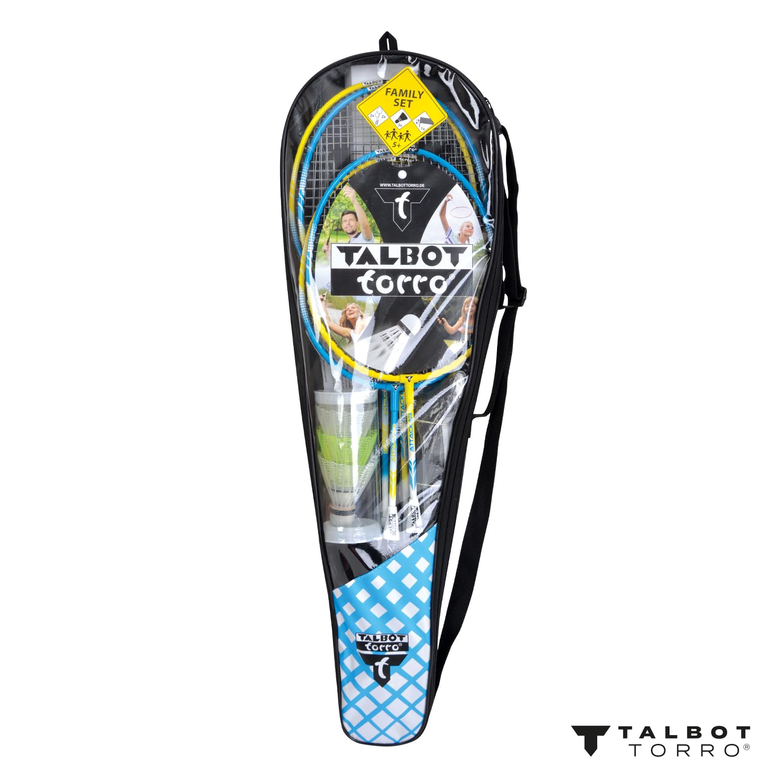 Talbot Torro Zestaw do badmintona Family, kompletny zestaw z 2 kijami dla juniorów 53 cm, 2 standardowe kije, 3 lotki, zestaw siatkowy z regulacją wysokości, w wysokiej jakości torbie