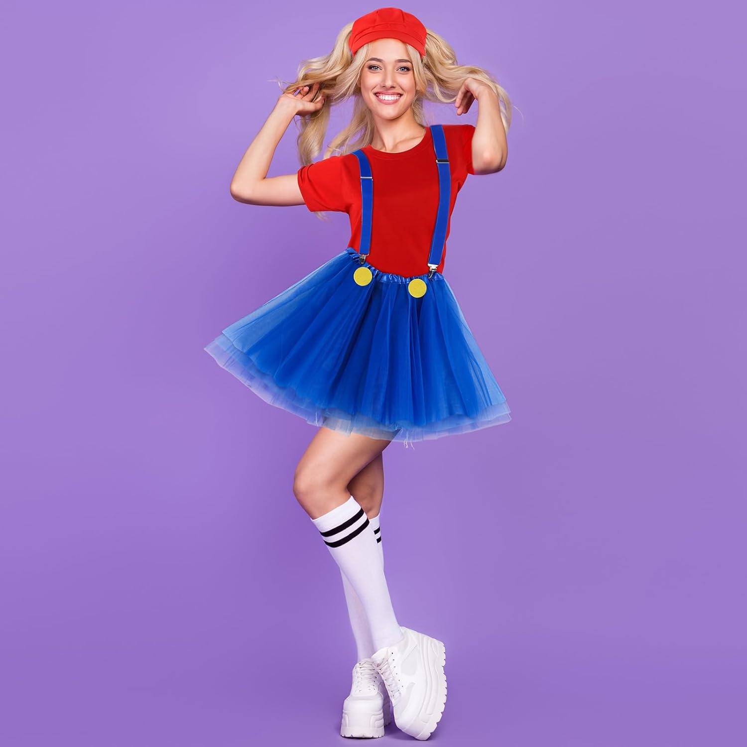 Haysandy 4 Pcs Halloween Cosplay Costume T Shirt Cap Blue Suspenders Tutu Skirt Costume Accessories for Themed Party - Image 6