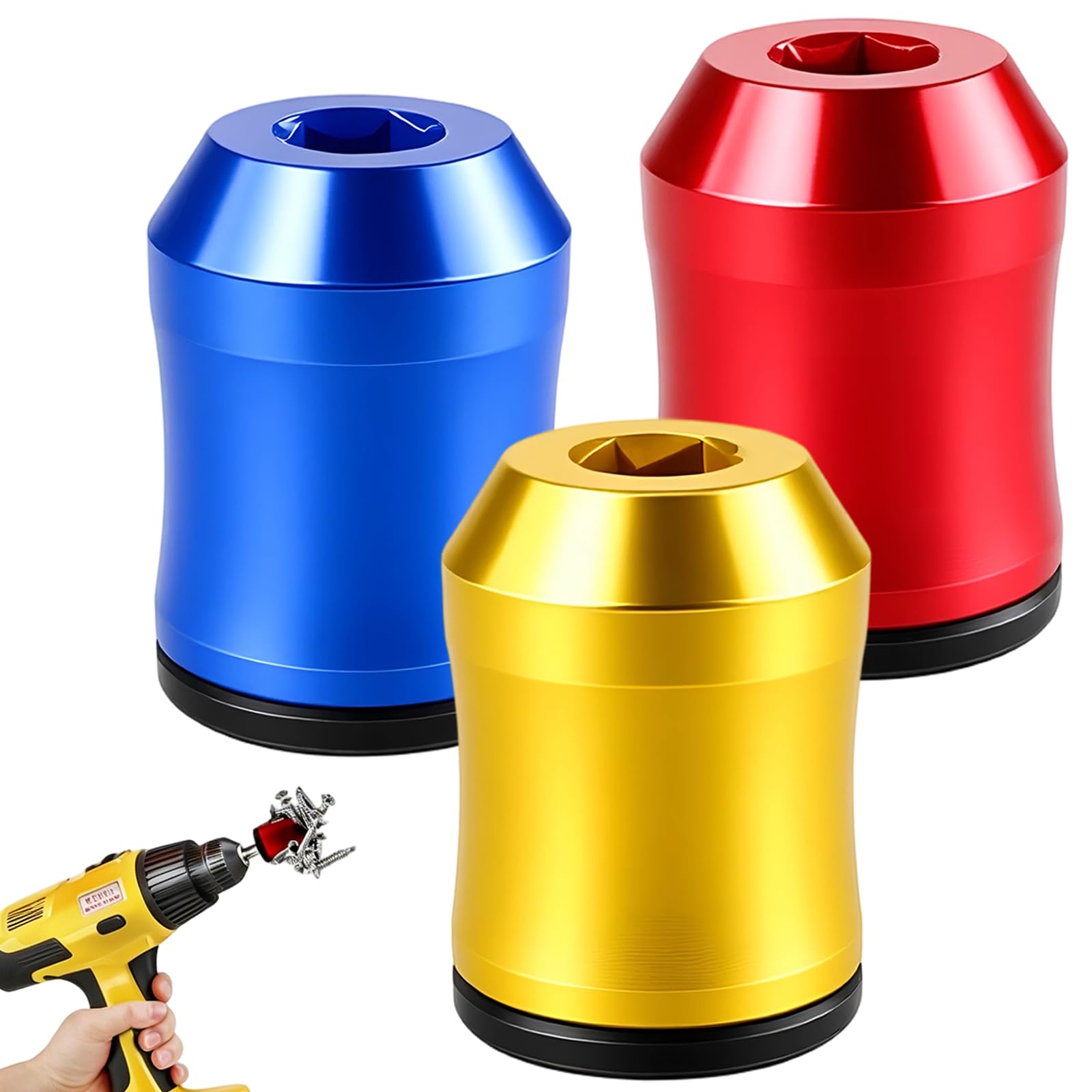 3Pcs Aluminium Alloy Magnetic Screw Rings, Universal Removable Bit Holder for Hex Screwdrivers & Power Drills - Strong Magnet Screwdriver Head for DIY Repair, Home Improvement & Woodworking