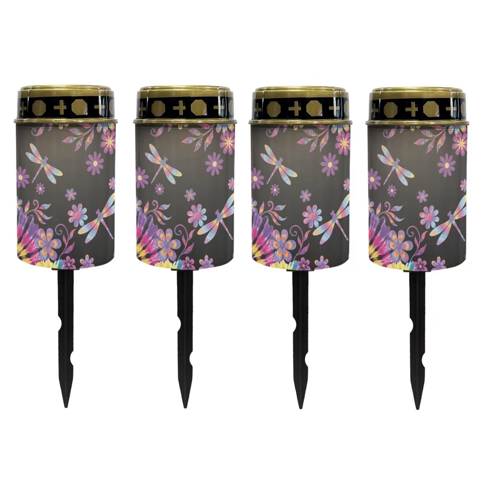 Poceacles Outdoor Solar Powered Cemetery Lights Grave Outdoor Stake Lights Garden Solar Lantern Flameless Candles Garden Decoration, Hippie Flower Dragonfly Violet, 4 Pcs