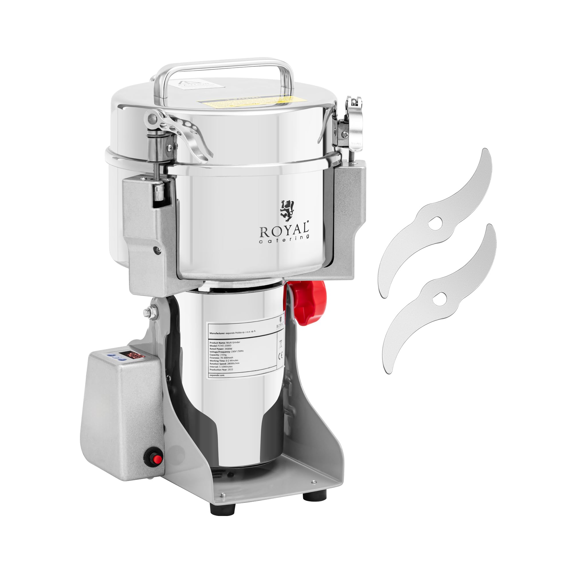 Royal Catering RCMZ-2000D Moulin à épices électrique 2000 g 21 x 9.5 cm 3400 W numérique Moulin à épices électrique professionnel Broyeur à épices -