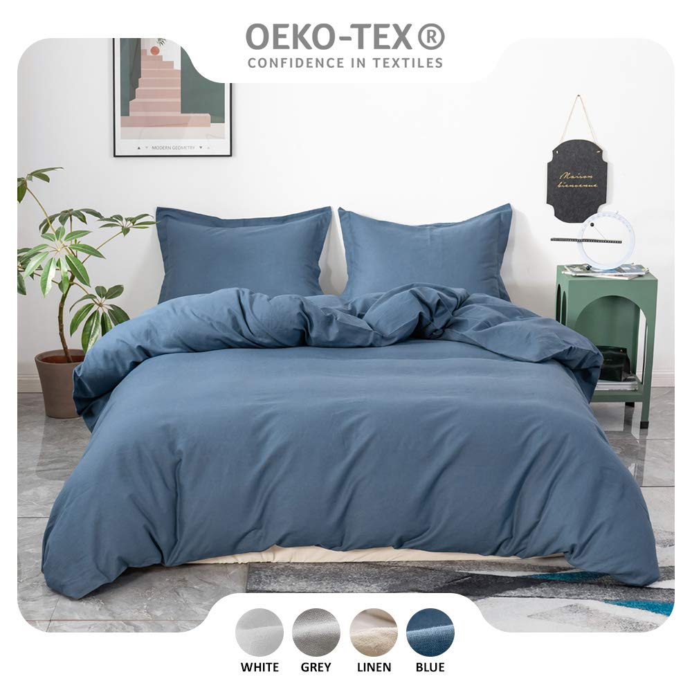 Simple&OpulenceFrench Linen Duvet Cover Set 88" x 92"- 3 Pieces (1 Comforter Cover,2 Pillowcases)- Natural Flax Cotton Blend-Solid Color Breathable Farmhouse Bedding-Navy Blue, QueenOEKO-TEX STANDARD 100