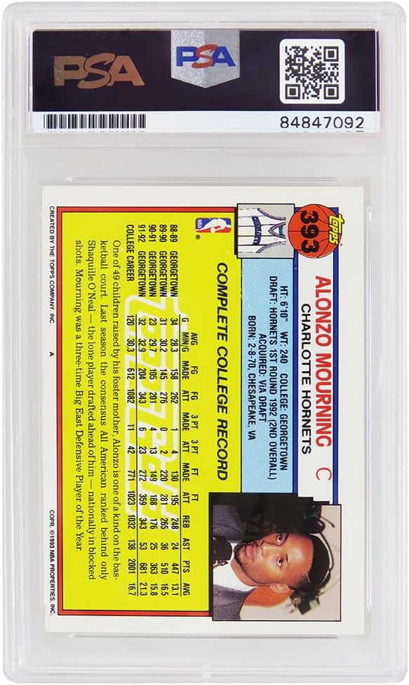 Alonzo Mourning Signed Hornets 1992-93 Topps GOLD Rookie Basketball Card #393 (PSA Encapsulated - Auto Grade 10)