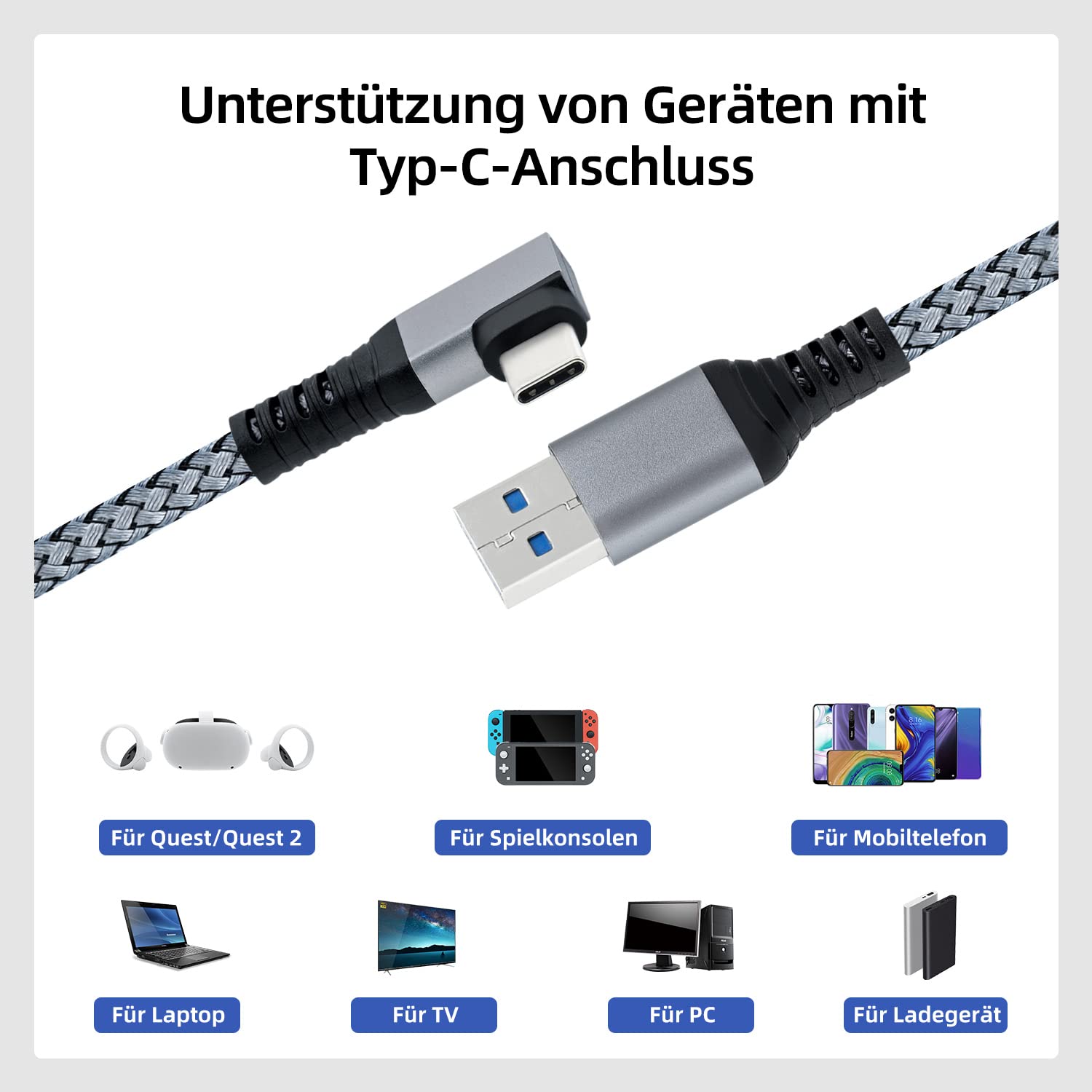 Mcbazel 6M Link Cable Cavo di Trasferimento Dati da Tipo-C a USB 3.0 Cavo di Ricarica Rapida Intrecciato ad Angolo Retto per PC Gaming e VR per Dispositivi Quest/Quest 2/Quest 3/Tipo-C