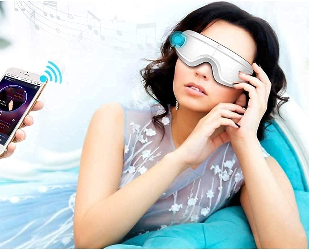 Masajeador de Ojos con Calor, Masaje de Masaje de Ojos Bluetooth Masaje de Ojos calentados Recargables for Relax Ojo Círculos Oscuros Bolsos Ojos Ojos Secos Mejorar el sueño
