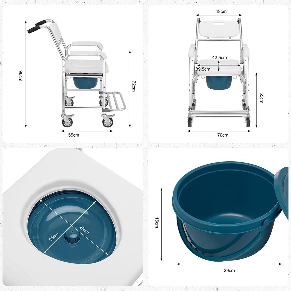 BAKAJI Sedia a Rotelle Impermeabile con WC e Coperchio Rimovibile, Seduta Ergonomica Comodo con Toilette Inclusa, Struttura Resistente, 4 Ruote Piroettanti e Maniglie Ergonomiche, 55 x 70 x 96 cm