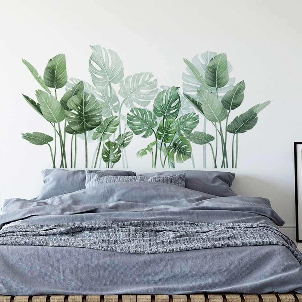 Boho Tropical Plants Wall Decals for Living Room, Natural Palm Tree Monstera Leaf Wall Stickers Peel and Stick Posters Art Murals for Bedroom Office
