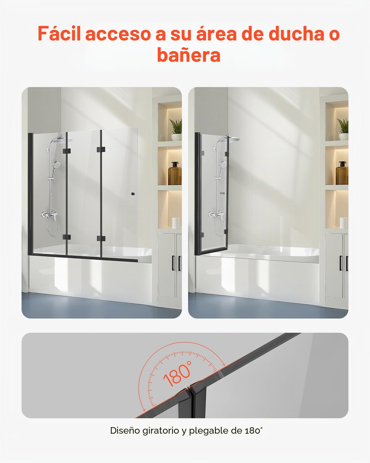 VEVOR Puerta de Ducha para Bañera 1295 x 1422 mm, Puerta de Ducha Plegable de Tres Pliegues sin Marco con Bisagras, Puerta de Vidrio Templado Giratoria de 180°, Grosor de Vidrio de 6 mm, Negro