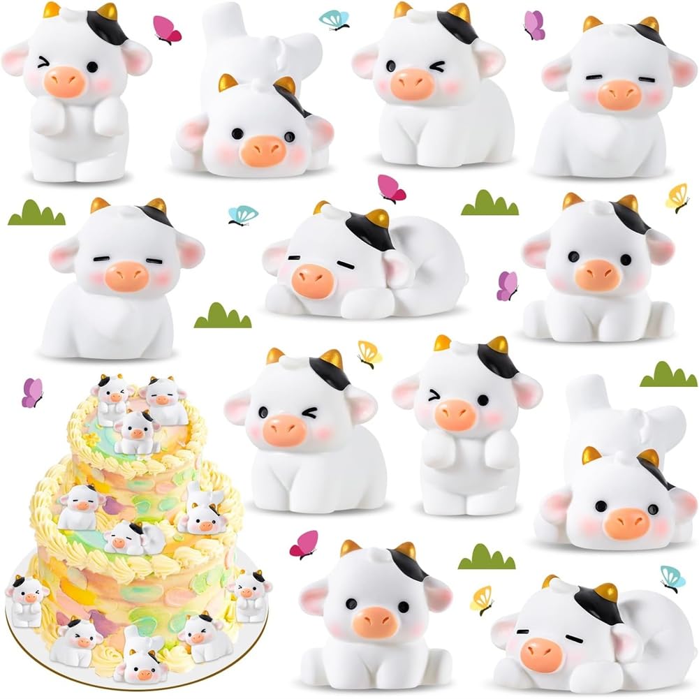 UDSKNV[KSL Cute Cow Figurines 12 Pcs Mini Resin Cows, Tiny Mini Animals Miniature Figurines, Cute Cow Cupcake Toppers Fairy