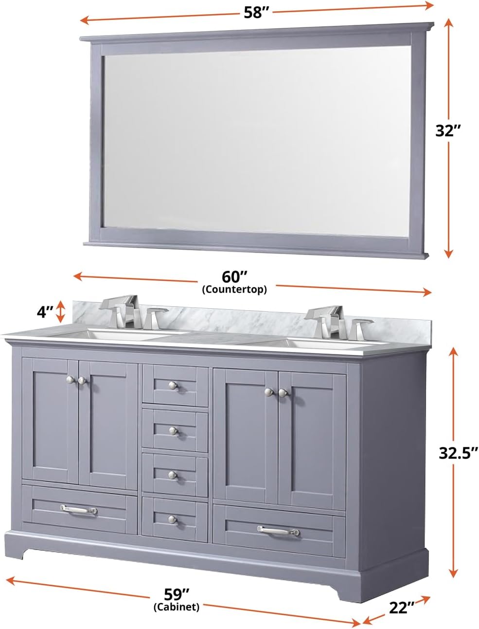 Dukes 60 in. W x 22 in. D Dark Grey Double Bath Vanity, Carrara Marble Top, Faucet Set and 58 in. Mirror