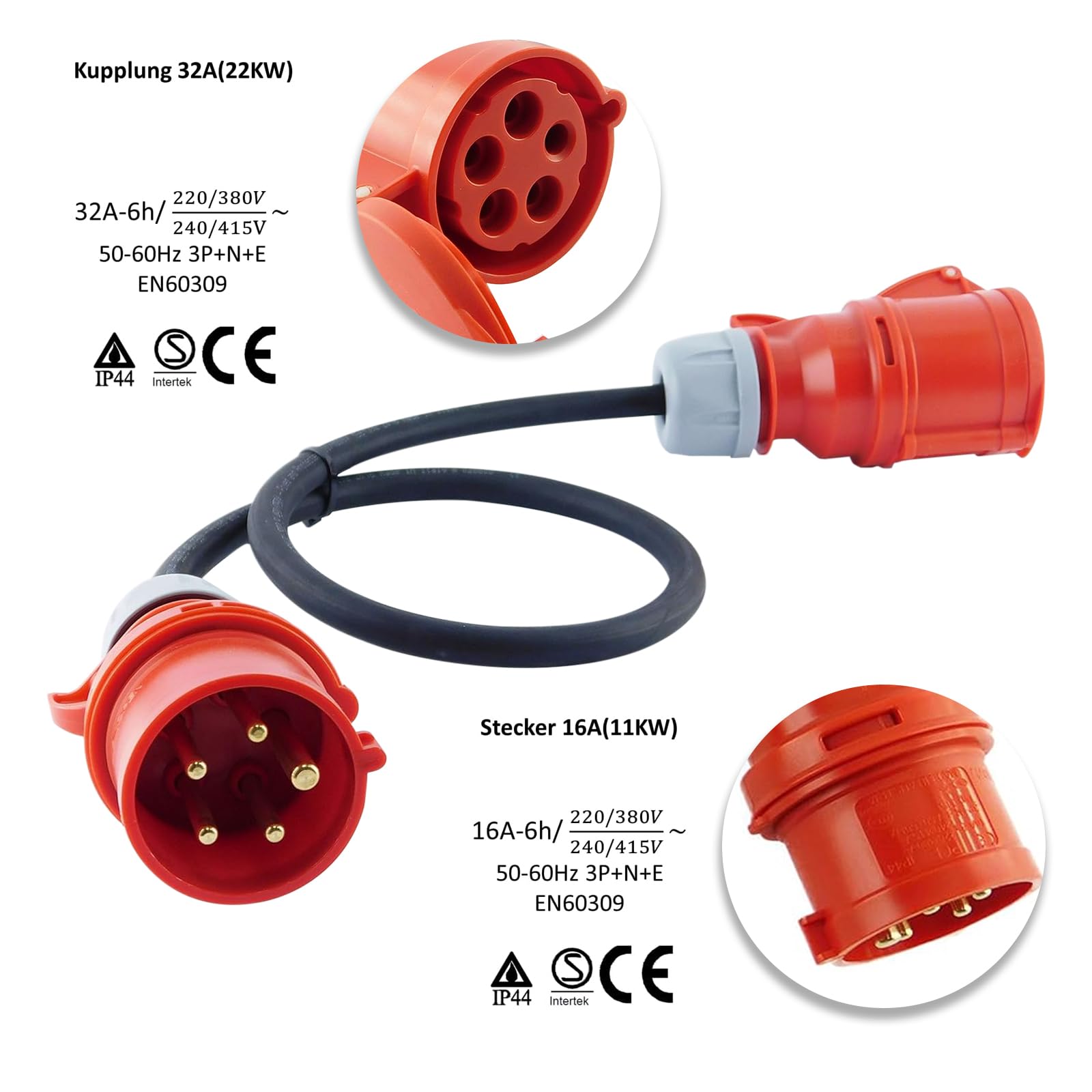 CEE Adapter 16A Stecker auf 32A Kupplung, 5-polig, 380-415V, H07RN-F 5x2,5mm² Kabel, Schuko Kupplung IP44 (5x2,5 mm²)