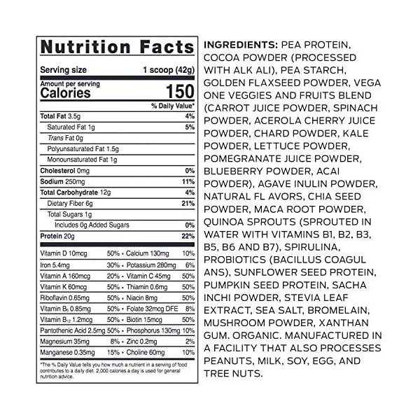 Vega-One-Organic-Chocolate-Meal-Replacement-Protein-Powder-Vegan-Plant-Based-Superfood-Vitamins-Probiotics-Dairy-Free-Gluten-Free-Pea-Protein-for-Women-and-Men-16-Pounds-17-Servings Vega Organic All-in-One Vegan Protein Powder, Chocolate - Superfood Ingredients, Vitamins for Immunity Support, Keto Friendly, Pea Protein for Women & Men, 1.6 lbs (Packaging May Vary)