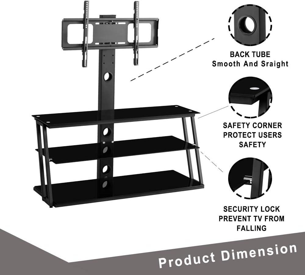 3 Tier Multi-function Swivel Floor TV Stand, Height Adjustable Bracket Entertainment Stand for 32 to 65 Flat or Curved Screen Multi-Function TV Stand, BlackTempered Glass Television Stands