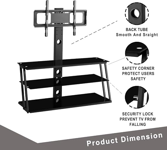 Swivel Floor TV Stand/Base, Multi-Function 3-Tier Tempered Glass Height Adjustable Bracket Entertainment Stand for 32 to 65 inch TV