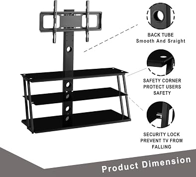 Swivel Floor TV Stand/Base, Multi-Function 3-Tier Tempered Glass Height Adjustable Bracket Entertainment Stand for 32 to 65 inch TV